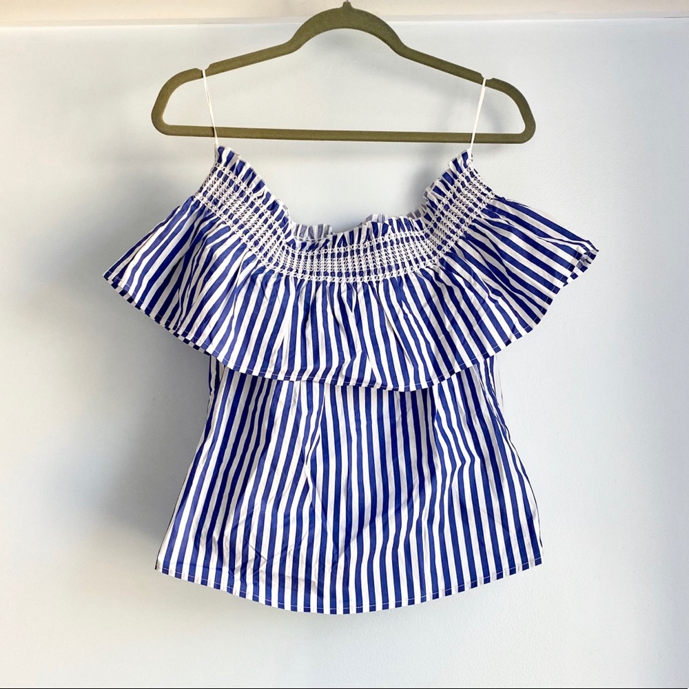 Navy and White Ruffled Off Shoulder Top
